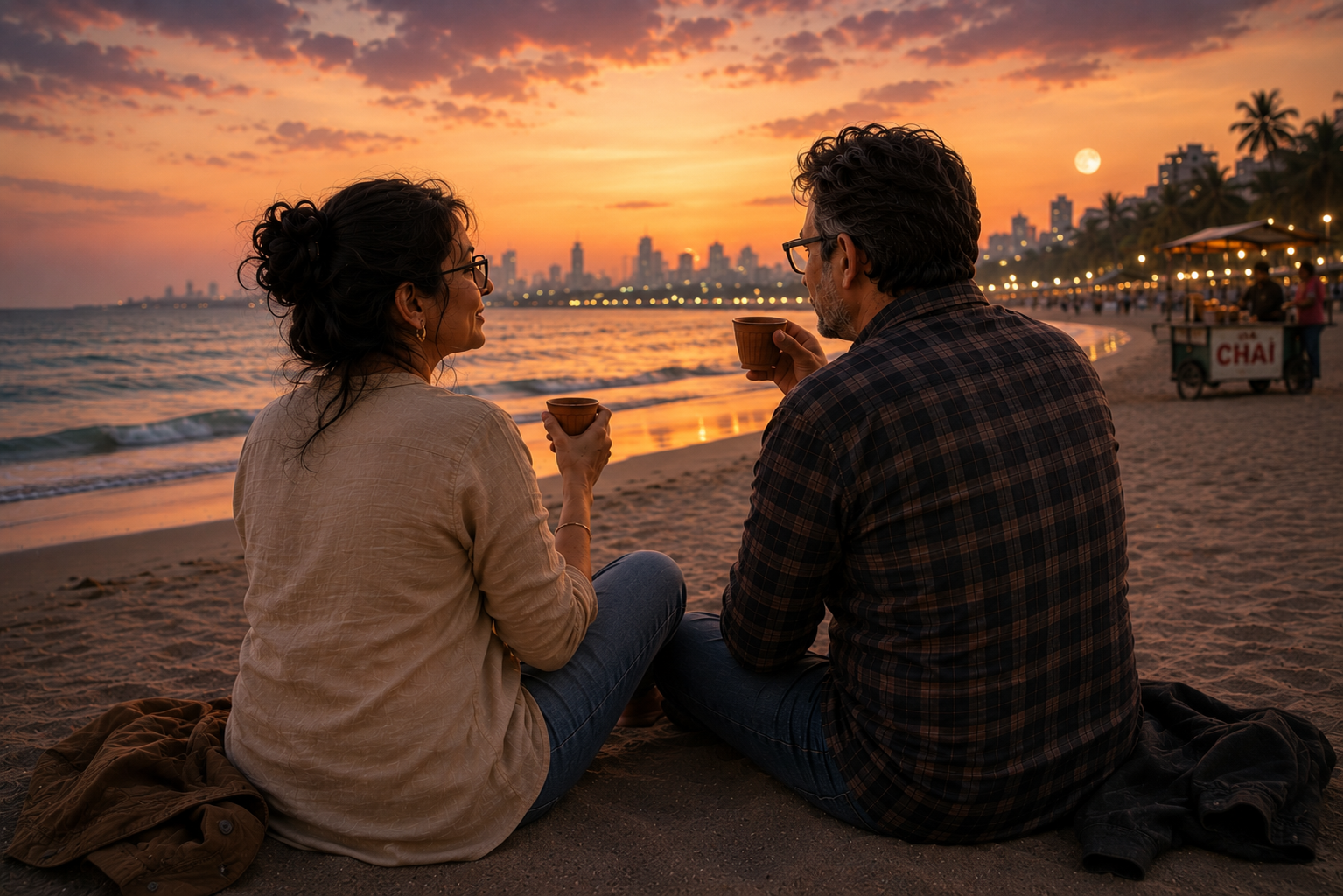 Rekha and Amit sitting together on Juhu Beach at sunset, backs turned to the camera, each holding a cup of tea, the Mumbai skyline in the distance