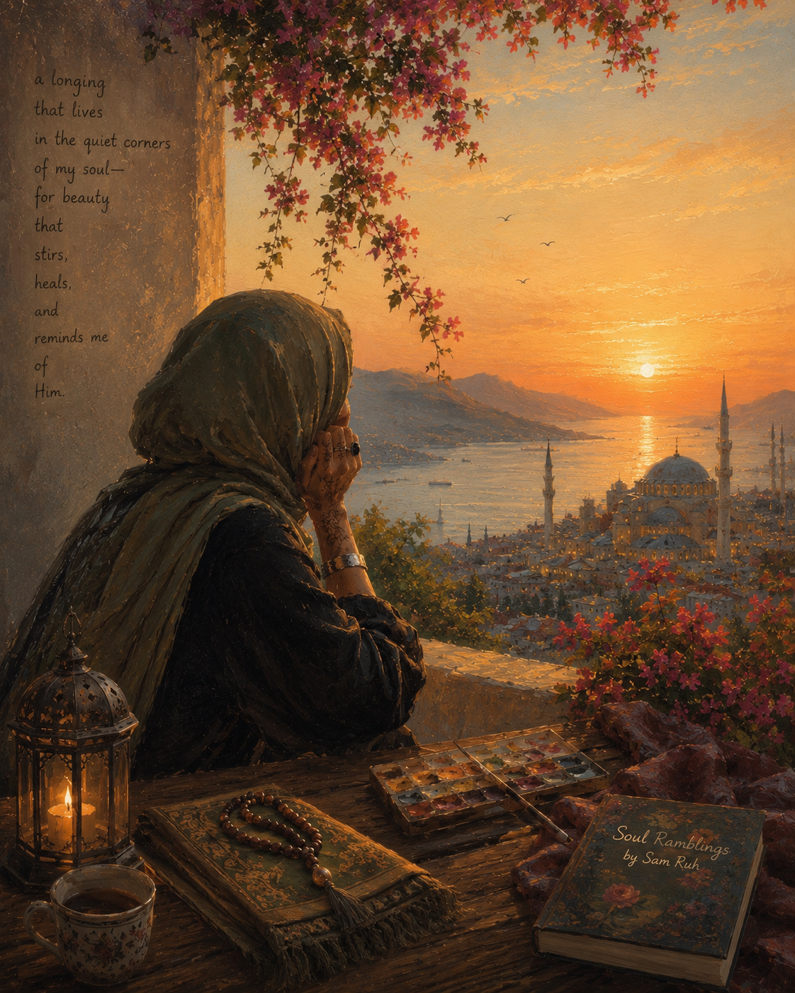 A woman in a headscarf looks out over a sunset city skyline, with a lantern, prayer beads, paints, and a book titled Soul Ramblings by Sam Ruh on the table before her
