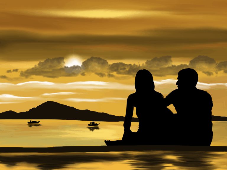 digital art, couple, silhouettes, relationship, nature, together, beach, romantic, people, romance, love, lovers, shore, vacation, holidays, relax, sunset, twilight, digital painting